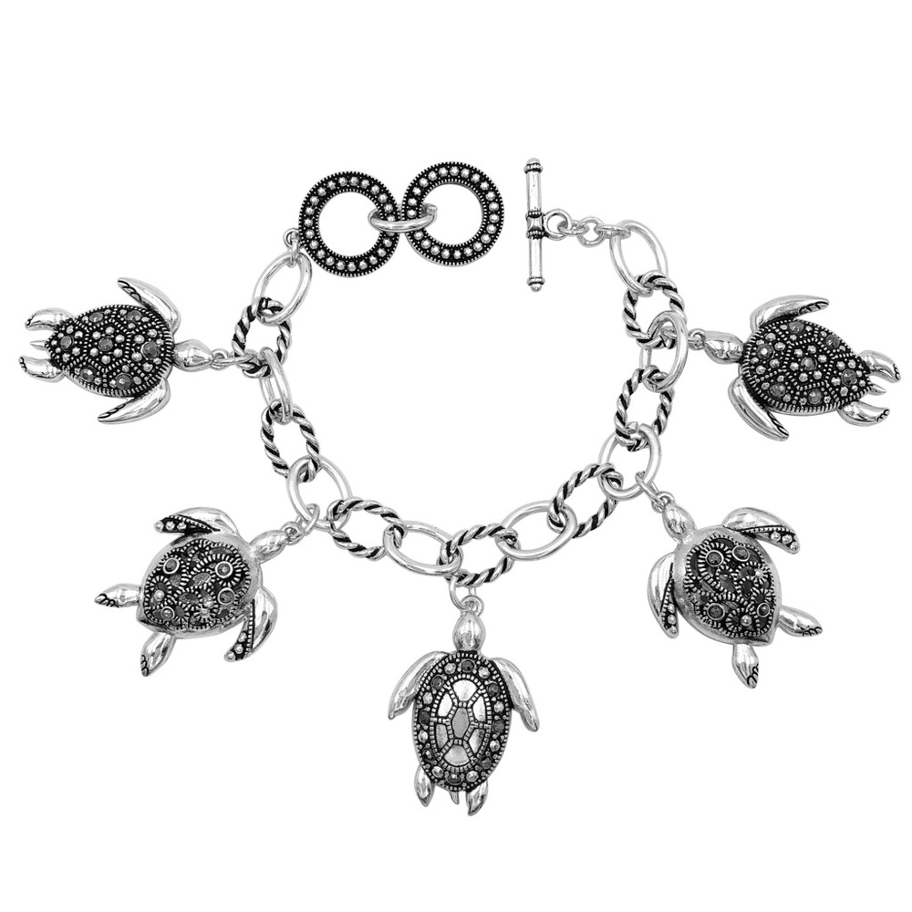 Sea Turtle Chunky Dangle Charm Filigree Silver Tone Toggle Bracelet